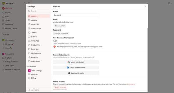 Account – Settings – Todoist screen