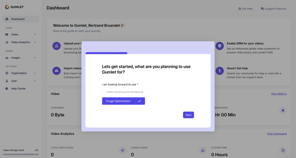 Dashboard - Gumlet screen