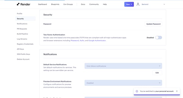 Account Settings ・ Render Dashboard screen