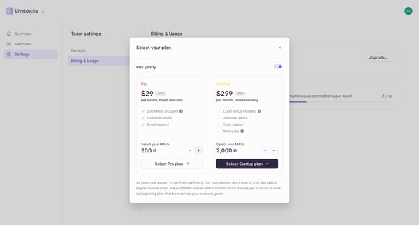 Liveblocks | Billing  Usage screen
