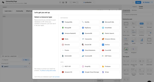 Onboarding Page | Editor Retool screen