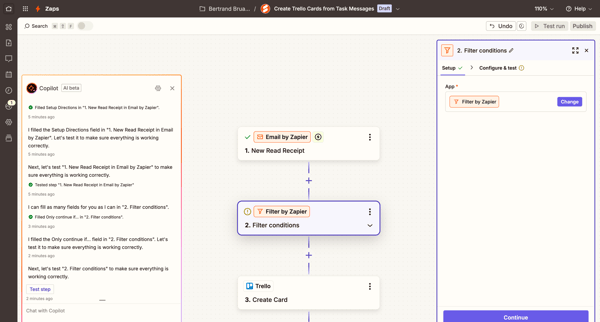 Create Trello Cards from Task Messages | Zapier screen