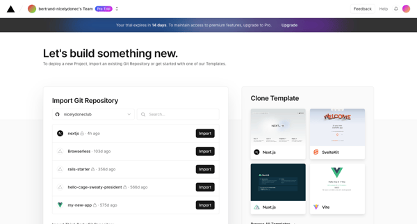 New Project – Vercel screen