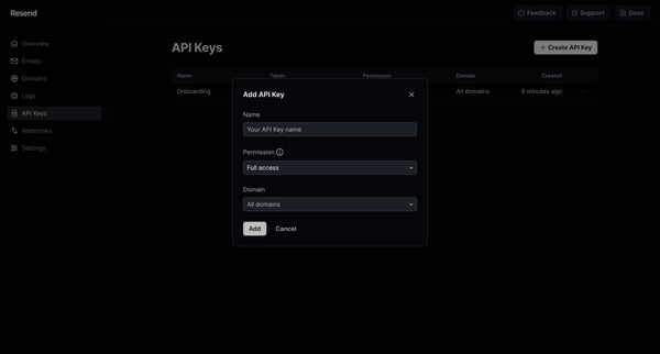 API Keys · Resend screen