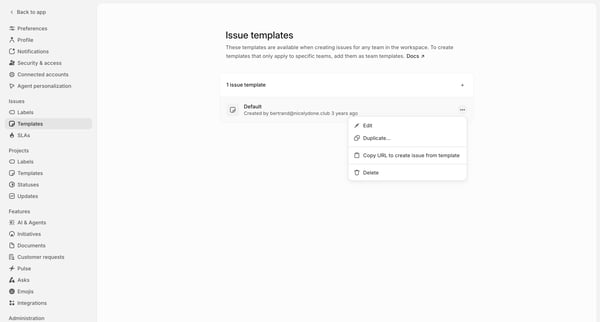 Issue templates screen