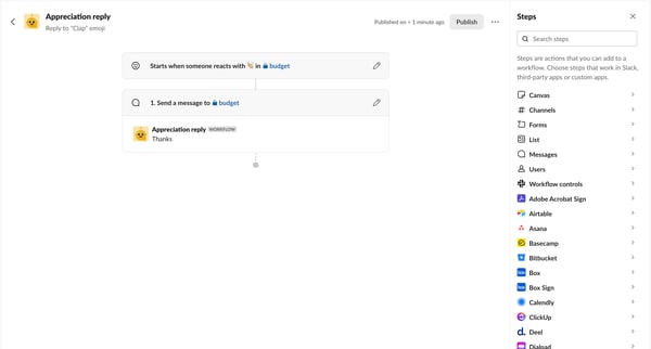Appreciation reply | Workflow Builder Nicelydoneclub - Slack screen