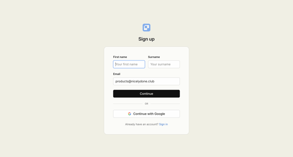 Sign up screen