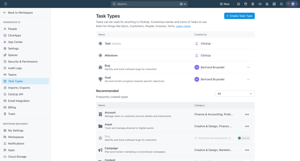 Task Types | Workspace 01 screen