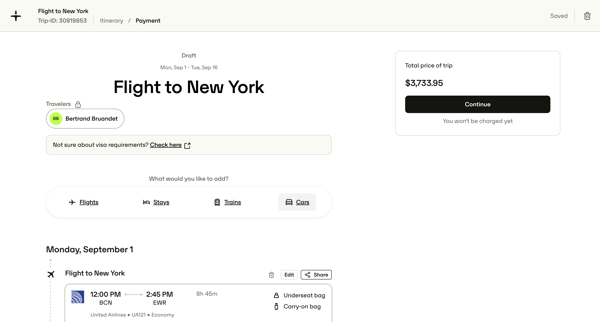 Flight to New York — TravelPerk screen