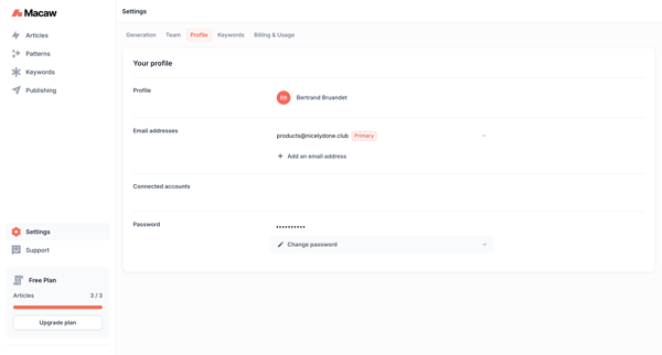 Profile Settings | Macaw screen
