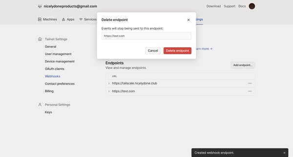 Webhooks - Tailscale screen