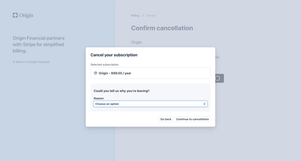 Cancel subscription | Origin Financial Billing screen