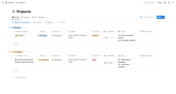 Projects | Active screen