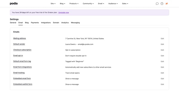 Podia Email settings screen