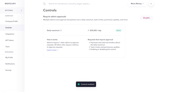 Mercury | Banking for startups screen