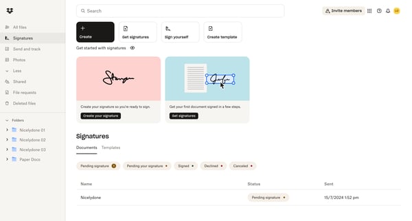 Signatures - Dropbox screen