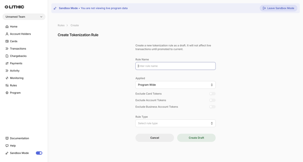 Lithic - Create Tokenization Rule screen