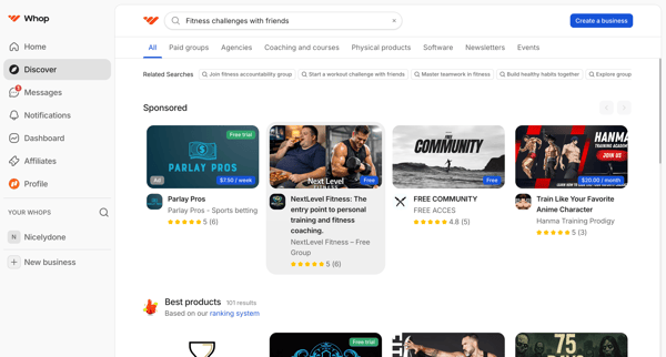 Search: Fitness challenges with friends | Whop screen