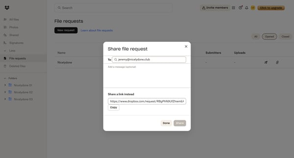 File requests - Dropbox screen