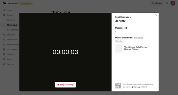 Thank yous – Dashboard screen