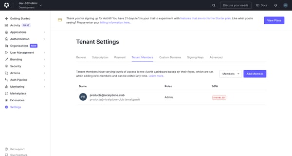 Tenant Settings screen