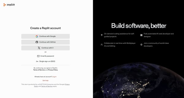 Sign Up - Replit screen