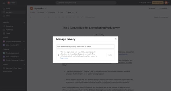 My tasks - Asana screen
