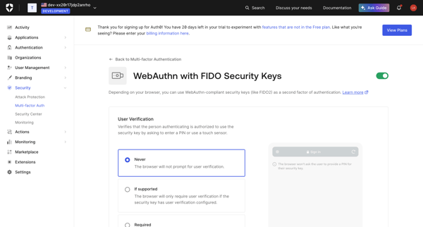 WebAuthn Roaming Security screen