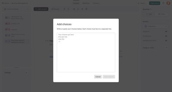 Typeform - Create screen