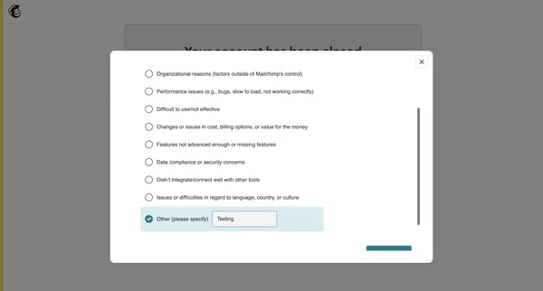 Close Account Confirmation screen