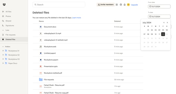 Deleted files - Dropbox screen