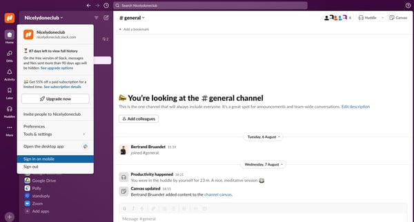 general Channel - Nicelydoneclub - Slack screen