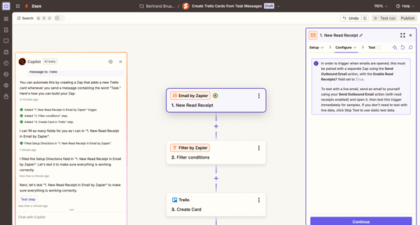 Create Trello Cards from Task Messages | Zapier screen