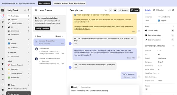 Example User | Help Desk  Nicelydone  Intercom screen