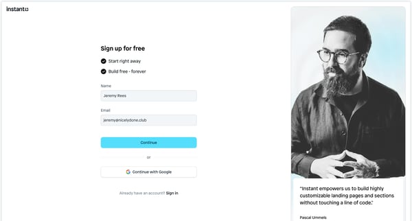 Sign up | Instant screen
