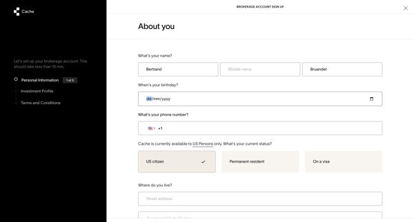 Cache – Brokerage account signup screen