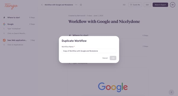 Workflow with Google and Nicelydone screen