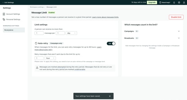 Message Limit | Workspace settings  Customer.io screen