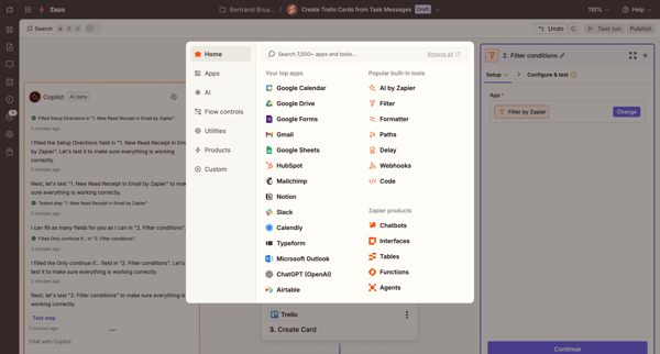 Create Trello Cards from Task Messages | Zapier screen