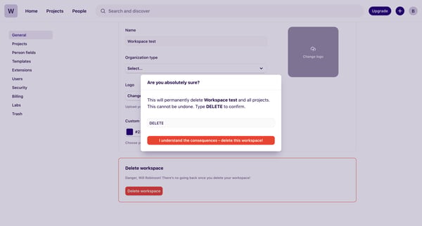 General – Workspace settings – Dovetail screen