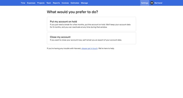 Close Account – nicelydone – Harvest screen
