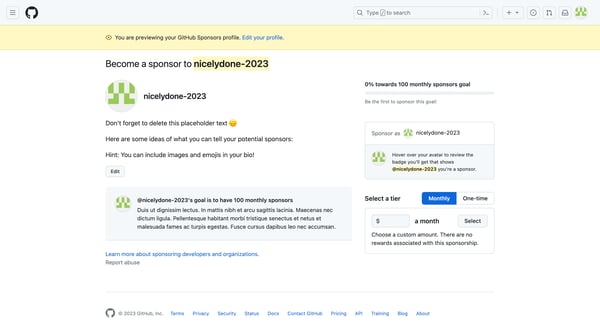 Sponsor @nicelydone-2023 on GitHub Sponsors screen