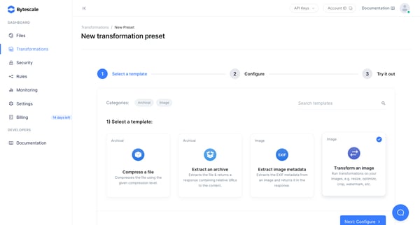 Create Preset | Bytescale screen