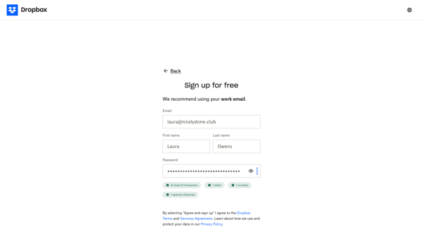 Register - Dropbox screen