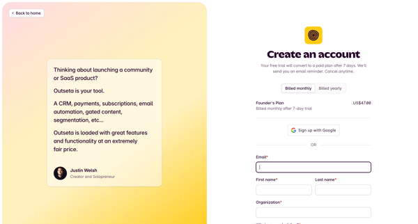 Sign Up | Outseta screen