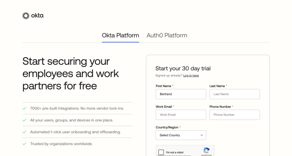 Okta Free Trial Account - Workforce Identity screen