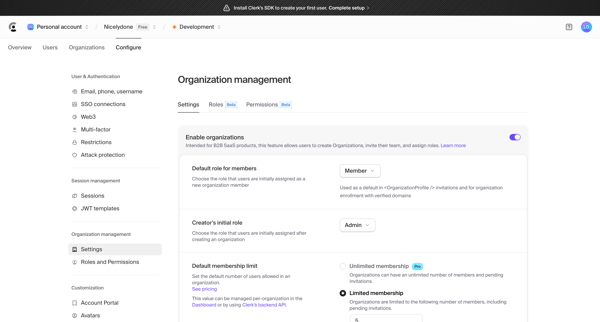 Dashboard | Clerk.com screen