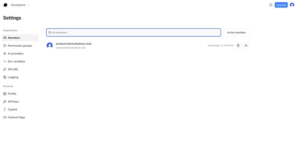 Settings - Nicelydone - Braintrust screen