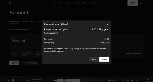 Manage account | Epidemic Sound screen