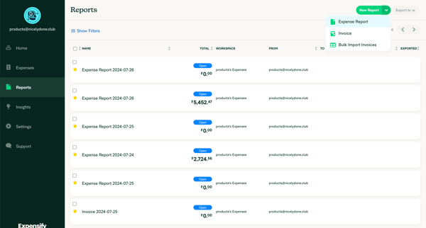 Expensify - Reports screen